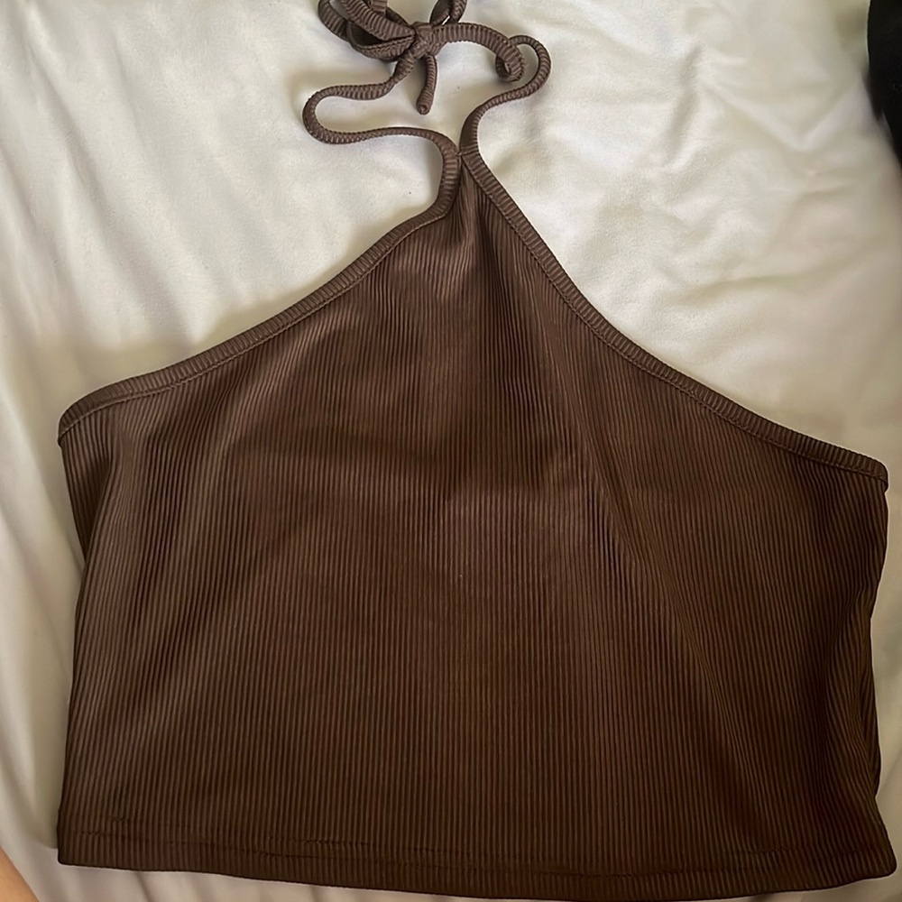 brown cropped tie halter top